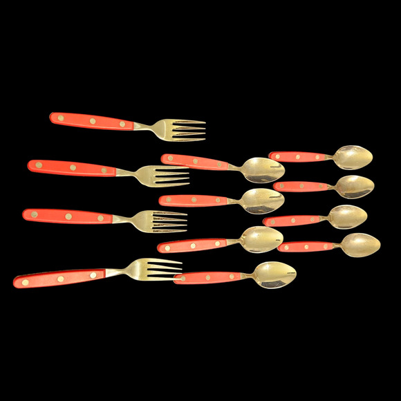 Vintage Red Handle Flatware Set 12 Pc 4 Forks 8 Spoons Mid Century Stainless - Picture 2 of 3